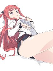 Rule 34 | 1girl, arca (summon night), black bow, bow, closed mouth, hair bow, ixy, long hair, long sleeves, looking up, miniskirt, purple eyes, red hair, simple background, sitting, skirt, solo, summon night, summon night 5, thighs, white background