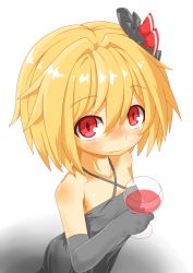Rule 34 | 1girl, bare shoulders, black dress, black gloves, blonde hair, blush, cup, dress, drinking glass, elbow gloves, formal, gloves, hair ribbon, hecchi (blanch), looking at viewer, nose blush, red eyes, red wine, ribbon, rumia, short hair, solo, touhou, wine, wine glass