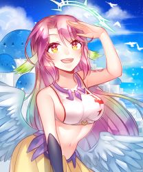 Rule 34 | + +, 10s, 1girl, :d, animal, bare shoulders, bird, black gloves, blue sky, breasts, brown eyes, building, cloud, collarbone, spiked halo, crescent, crescent pin, crop top, day, gloves, halo, hand on forehead, jewelry, jibril (no game no life), leaning forward, long hair, looking at viewer, low wings, medium breasts, midriff, navel, neck ring, no game no life, open mouth, pink hair, pleated skirt, salute, sanme, shirt, side ponytail, sideboob, single glove, skirt, sky, smile, solo, stomach, symbol-shaped pupils, tattoo, taut clothes, taut shirt, very long hair, white wings, wing ears, wings, yellow skirt
