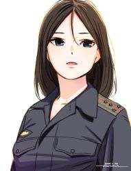 Rule 34 | 1girl, blue eyes, breast pocket, brown hair, character request, collared jacket, dated, girls und panzer, grey jacket, hair between eyes, horikou, jacket, looking at viewer, nonna (girls und panzer), one-hour drawing challenge, parted lips, pocket, signature, simple background, solo, upper body, white background, wing collar