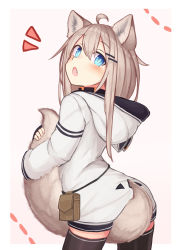 Rule 34 | 1girl, animal ear fluff, animal ears, between legs, black thighhighs, blue eyes, commentary request, fang, hair ornament, hairclip, highres, holding, holding with tail, hood, hood down, hoodie, light brown hair, long hair, long sleeves, looking at viewer, looking back, naked hoodie, open mouth, original, pouch, prehensile tail, reitou mikan, solo, tail, tail between legs, thighhighs