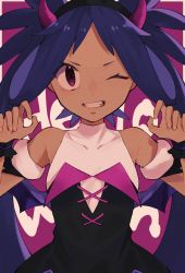 Rule 34 | 1girl, armlet, bare shoulders, black dress, commentary request, covered collarbone, creatures (company), dark-skinned female, dark skin, dress, game freak, hands up, highres, iris (fall 2022) (pokemon), iris (pokemon), long hair, looking at viewer, nintendo, official alternate costume, one eye closed, osigatoutoi tou, pokemon, pokemon masters ex, purple eyes, solo, teeth, twintails, upper body