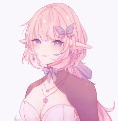Rule 34 | 1girl, blue eyes, bow, breasts, catandcrumbles, cleavage, closed mouth, earrings, elf, elysia (honkai impact), hair bow, highres, honkai (series), honkai impact 3rd, jewelry, long hair, looking at viewer, medium breasts, necklace, pink hair, pointy ears, ponytail, simple background, smile, solo, white background