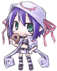 Rule 34 | 1girl, chibi, doughnut, food, green eyes, kugelschreiber, merry nightmare, pointy ears, simple background, smile, solo, white background, yumekui merry