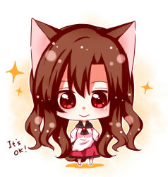 Rule 34 | 1girl, :&gt;, animal ears, blush, brooch, brown hair, chibi, dress, english text, gradient background, imaizumi kagerou, jewelry, long hair, long sleeves, looking at viewer, red eyes, smile, solo, sparkle, tail, text focus, totoharu (kujirai minato), touhou, wolf ears, wolf tail