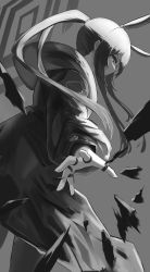 Rule 34 | 1girl, absurdres, amiya (arknights), animal ears, arknights, closed mouth, coat, dutch angle, firing, from behind, grey background, greyscale, highres, jewelry, long hair, long sleeves, looking at viewer, looking back, monochrome, multiple rings, open clothes, open coat, ponytail, profile, rabbit ears, ring, sidelocks, simple background, solo, standing, uryu (uryu0329)