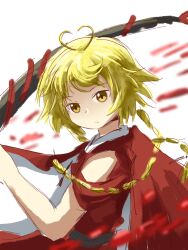 Rule 34 | 1other, androgynous, antenna hair, baila kuangzi, blonde hair, blood, braid, cape, chinese commentary, closed mouth, commentary request, heart antenna hair, highres, japanese clothes, kimono, len&#039;en, long hair, ooama no ake no mitori, other focus, red cape, red kimono, sketch, sleeveless, sleeveless kimono, solo, twin braids, two-sided cape, two-sided fabric, yellow eyes