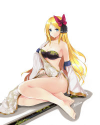 Rule 34 | 00s, 1girl, bad id, bad pixiv id, bare hips, barefoot, bikini, bikini top only, blonde hair, blue eyes, breasts, cleavage, dungeon and fighter, earrings, full body, hair ribbon, highres, jewelry, large breasts, legs, long hair, original, ribbon, shadow, shaojiang, simple background, sitting, smile, solo, swimsuit, white background, yokozuwari