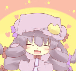Rule 34 | 1girl, :3, blush, chibi, crescent, closed eyes, fang, female focus, hat, hazuki ruu, open mouth, patchouli knowledge, purple hair, solo, standing, touhou