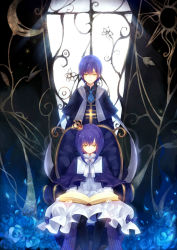 Rule 34 | 1boy, 1girl, bad id, bad pixiv id, blue hair, book, brother and sister, chair, cross, crown, dhiea, dhiea seville (pause), dress, flower, mo seville (pause), necktie, original, pause (dhiea), siblings, sitting, smile, window, yellow eyes