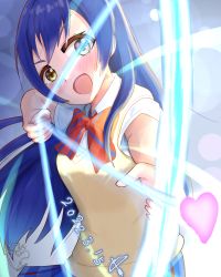 Rule 34 | 1girl, artist name, artist request, blue hair, blue skirt, blush, bow, bow (weapon), bowtie, breasts, brown eyes, checkered clothes, checkered skirt, collared shirt, female focus, hair between eyes, heart, highres, holding, holding bow (weapon), holding weapon, long hair, looking at viewer, love live!, love live! school idol project, miniskirt, nail, nail polish, otonokizaka school uniform, parted lips, pink nails, pink nails, plaid, plaid skirt, pleated, pleated skirt, red bow, school uniform, shirt, short sleeves, skirt, small breasts, smile, solo, sonoda umi, striped, striped bow, sweater vest, vest, weapon, white shirt, wing collar, yellow eyes, yellow vest