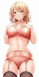 Rule 34 | 1girl, alternate breast size, black thighhighs, blonde hair, blush, bra, breasts, cleavage, closed mouth, commentary, cowboy shot, embarrassed, floral print, from below, frown, garter belt, garter straps, gluteal fold, hair between eyes, hands on own chest, isshiki iroha, lace, lace-trimmed bra, lace trim, large breasts, looking at viewer, lowleg, lowleg panties, medium hair, navel, panties, parted bangs, pink bra, pink panties, print bra, print panties, red hayao, simple background, solo, standing, stomach, thighhighs, underwear, underwear only, white background, yahari ore no seishun lovecome wa machigatteiru., yellow eyes