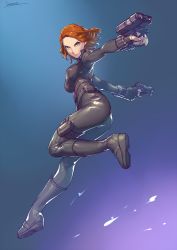 Rule 34 | &gt;:|, 1girl, :|, animification, ass, black bodysuit, black footwear, black gloves, black widow, blue background, blue eyes, bodysuit, boots, breasts, brown hair, closed mouth, dual wielding, fingerless gloves, from behind, full body, gloves, gun, handgun, highres, holding, holding gun, holding weapon, jumping, kotatsu (g-rough), looking at viewer, looking back, marvel, medium breasts, natasha romanoff, pistol, pouch, serious, short hair, signature, solo, v-shaped eyebrows, weapon