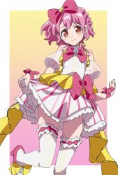 Rule 34 | 1boy, blush, bow, braid, closed mouth, coattails, commentary request, cosplay, crossdressing, curly hair, detached sleeves, dress, edamame (buruburu), frilled skirt, frilled thighhighs, frills, hair bow, high heels, highres, looking at viewer, male focus, manaka laala, manaka laala (cosplay), mole, mole under eye, orange eyes, pink bow, pink footwear, pink hair, pretty series, pripara, puffy detached sleeves, puffy sleeves, reona west, shoes, short dress, short hair, side braid, skirt, skirt hold, sleeveless, sleeveless dress, smile, solo, standing, standing on one leg, thighhighs, trap, treble clef, waist bow, white thighhighs