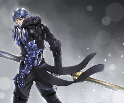 Rule 34 | 1boy, armor, belt, blade, blue hair, boots, clothes, coat, eyepatch, fur coat, gloves, groh, jacket, knee boots, looking at viewer, male focus, multicolored hair, namco, outdoors, pants, rain, scar, shirt, solo, soul calibur, soulcalibur, soulcalibur vi, sword, syahilla, weapon, white hair