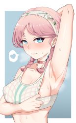 Rule 34 | 1girl, arknights, armpits, blue eyes, blue poison (arknights), blue poison (shoal beat) (arknights), blush, braid, breasts, choker, closed mouth, collarbone, heart, highres, jwthor, looking at viewer, medium breasts, o-ring, o-ring choker, official alternate costume, pink choker, pink hair, pink sports bra, presenting armpit, short hair, smile, solo, spaghetti strap, speech bubble, spoken heart, sports bra, sweat, twin braids, upper body, white sports bra