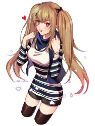 Rule 34 | 1girl, artist name, bad id, bad pixiv id, blush, brown hair, casual, girls&#039; frontline, hair ornament, hairclip, heart, long hair, looking at viewer, ma9, official alternate costume, red eyes, simple background, smile, solo, thighhighs, twintails, twitter username, ump9 (&quot;am i late?&quot;) (girls&#039; frontline), ump9 (girls&#039; frontline), watch, wristwatch