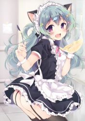 Rule 34 | 1girl, absurdres, animal ears, artbook, black thighhighs, blush, cat ears, cooking, green hair, hair ornament, hairpin, happy, highres, inal, long hair, maid, maid headdress, momoirone, no panties, non-web source, purple eyes, thighhighs, twintails