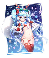 Rule 34 | 1girl, antlers, bikini, blue background, blue eyes, blue hair, blush, bow, braid, breasts, capelet, carrying over shoulder, covered erect nipples, cowboy shot, cropped legs, fur-trimmed capelet, fur-trimmed gloves, fur trim, gloves, gradient background, groin, hair between eyes, hair bow, horns, long hair, looking at viewer, medium breasts, micro bikini, navel, nose blush, pom pom (clothes), poseich, red bikini, red bow, red capelet, red gloves, red thighhighs, reindeer antlers, sack, side-tie bikini bottom, skindentation, snowflakes, solo, sparkle, star (symbol), stomach, string bikini, swimsuit, thighhighs, twintails, underboob, unleashed, v-shaped eyebrows, very long hair