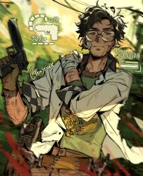 Rule 34 | 1boy, bandaged hand, bandages, black hair, blurry, blurry background, brown eyes, brown gloves, brown pants, character name, chicheesticks, cowboy shot, dirty, dirty face, gauze, gauze on face, glasses, gloves, green background, green shirt, gun, hand on own shoulder, handgun, hands up, health bar, highres, holding, holding gun, holding weapon, horropedia, jacket, male focus, motion blur, pants, reverse:1999, shirt, short hair, single glove, sleeve pushed up, solo, straight-on, weapon, white jacket