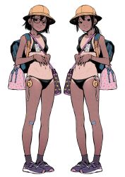 Rule 34 | 2girls, backpack, bag, bandaid, bandaid on knee, bandaid on leg, bikini, black bikini, black eyes, black hair, breasts, crime prevention buzzer, full body, glasses, hat, highres, looking at viewer, medium hair, multiple girls, navel, original, own hands together, ponytail, randoseru, school hat, shoes, short hair, shoulder bag, small breasts, smile, sneakers, standing, swimsuit, tan, tanline, wang-pac