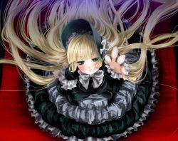 Rule 34 | 1girl, absurdly long hair, blonde hair, bonnet, bow, bowtie, dress, from above, gosick, gothic lolita, green eyes, hime cut, lolita fashion, long hair, outstretched hand, solo, very long hair, victorica de blois, zaichuu