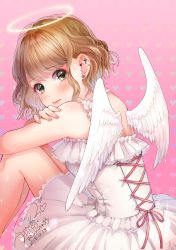 Rule 34 | 1girl, absurdres, angel wings, blonde hair, blush, closed mouth, corset, crossed arms, dated, dress, ear piercing, earrings, feathered wings, from side, geshumaro, green eyes, halo, heart, heart background, heart earrings, highres, jewelry, looking at viewer, looking to the side, medium hair, original, piercing, pink background, signature, sitting, solo, white dress, white wings, wings
