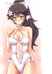 Rule 34 | 1girl, absurdres, azur lane, black hair, breasts, casual one-piece swimsuit, choker, cleavage, clothing cutout, collarbone, cowboy shot, flower, hair flaps, hair flower, hair ornament, hair ribbon, hand on own chest, highres, large breasts, navel cutout, one-piece swimsuit, parted lips, ponytail, ribbon, sawwei005, side-tie one-piece swimsuit, solo, swimsuit, takao (azur lane), takao (beach rhapsody) (azur lane), white choker, white flower, white one-piece swimsuit, white ribbon