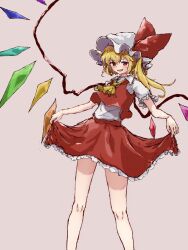 Rule 34 | 1girl, ascot, bare legs, blonde hair, crystal wings, dress, flandre scarlet, hat, hat ribbon, highres, mob cap, myui17901139, open mouth, red dress, red eyes, red ribbon, ribbon, side ponytail, simple background, solo, touhou, white background, yellow ascot