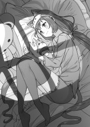 Rule 34 | animal ear fluff, animal ears, bed, blush, cat ears, cat girl, cat tail, curled up, extra ears, greyscale, highres, karyl (princess connect!), long hair, low twintails, lying, monochrome, on side, pajamas, pillow, princess connect!, saiste, sleep mask, solo, stuffed animal, stuffed cat, stuffed toy, tail, teddy bear, thighhighs, twintails, very long hair