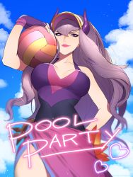Rule 34 | 1girl, ball, blue sky, closed mouth, cloud, english text, fingerless gloves, gloves, hair between eyes, hand on own hip, hat, highres, holding, holding ball, horns, league of legends, light purple hair, long hair, outdoors, pink lips, purple eyes, purple gloves, purple hair, purple hat, purple horns, sky, smile, solo, standing, syndra, visor cap, volleyball, volleyball (object), wosashimi