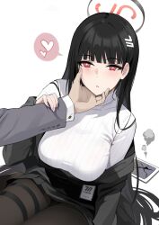 Rule 34 | 1boy, 1girl, black hair, black jacket, black pantyhose, blue archive, blush, breasts, bright pupils, face grab, hair ornament, hairclip, halo, heart, highres, id card, jacket, large breasts, long hair, natsume yochiki, off shoulder, pantyhose, red eyes, ribbed sweater, rio (blue archive), solo focus, spoken heart, sweater, tablet pc, turtleneck, turtleneck sweater, very long hair, white pupils, white sweater