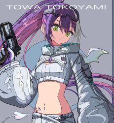 Rule 34 | 1girl, absurdres, belt, braid, breasts, character name, demon girl, demon tail, demon wings, earrings, green eyes, grey hair, gun, heart, heart tattoo, highres, holding, holding gun, holding weapon, hololive, jewelry, long sleeves, looking at viewer, multicolored hair, navel piercing, official alternate costume, piercing, pink hair, purple hair, shorts, single braid, single earring, small breasts, snow goggles, stomach tattoo, streaked hair, tail, tanau, tattoo, tokoyami towa, tokoyami towa (5th costume), virtual youtuber, weapon, white belt, white shorts, white shrug, winged heart tattoo, wings