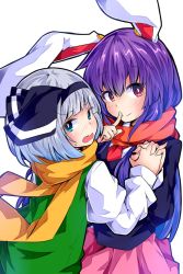 Rule 34 | 2girls, animal ears, blue eyes, blush, bow, embarrassed, finger to mouth, hair bow, highres, holding hands, ishimu, konpaku youmu, looking at viewer, looking back, multiple girls, open mouth, purple hair, rabbit ears, red eyes, reisen udongein inaba, scarf, silver hair, touhou, wavy mouth, winter clothes, yuri