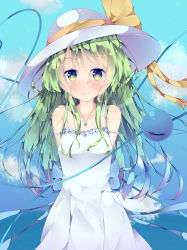 Rule 34 | 1girl, alternate costume, alternate headwear, arms behind back, bare shoulders, blue sky, blush, breasts, cloud, collarbone, commentary request, cowboy shot, day, dress, fant, green eyes, green hair, hat, hat ribbon, heart, heart of string, highres, jewelry, komeiji koishi, long hair, looking at viewer, messy hair, necklace, outdoors, pendant, ribbon, sky, sleeveless, sleeveless dress, small breasts, smile, solo, standing, sundress, third eye, touhou, very long hair, white dress