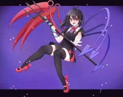 Rule 34 | 1girl, antenna hair, asymmetrical wings, black dress, black hair, black thighhighs, blush, bow, bowtie, breasts, dress, frills, full body, highres, holding, holding weapon, houjuu nue, letterboxed, long hair, looking at viewer, mary janes, polearm, red bow, red bowtie, red eyes, red footwear, shoes, short dress, small breasts, snake, solo, thighhighs, touhou, trident, weapon, wings, yukina (masyumaro610)