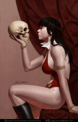 Rule 34 | 1girl, artstation logo, artstation username, black footwear, black hair, boots, bracelet, breasts, collar, earrings, from side, gmail, grey eyes, highres, holding, holding skull, jewelry, large breasts, long hair, looking at object, one-piece swimsuit, red curtains, red one-piece swimsuit, signature, sitting, skull, solo, swimsuit, vampirella, vampirella (character), watermark, web address, white collar, yoon junggeun