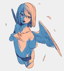 Rule 34 | 1girl, black shorts, bright pupils, cropped legs, earrings, feathered wings, hand up, highres, jewelry, limited palette, looking at viewer, open mouth, original, rinotuna, short hair, short sleeves, shorts, simple background, solo, white background, white pupils, wings