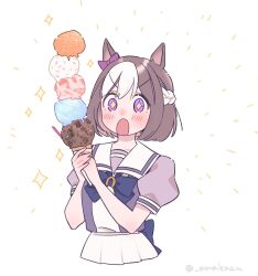 Rule 34 | + +, 1girl, :o, amakazu 33, animal ears, blue bow, blush, bow, braid, brown hair, commentary request, ear bow, food, holding, holding food, horse ears, ice cream, ice cream cone, multicolored hair, open mouth, pleated skirt, puffy short sleeves, puffy sleeves, purple bow, purple eyes, purple shirt, school uniform, shirt, short sleeves, simple background, skirt, solo, sparkle, special week (umamusume), too many, too many scoops, tracen school uniform, twitter username, two-tone hair, umamusume, v-shaped eyebrows, white background, white hair, white skirt