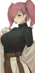 Rule 34 | 1girl, absurdres, anchor hair ornament, atlanta (kancolle), black sweater, blue eyes, blush, breasts, closed mouth, coat, commentary, earrings, hair between eyes, hair ornament, highres, jewelry, kantai collection, large breasts, long sleeves, looking at viewer, official alternate costume, open clothes, open coat, oweee, pink hair, ribbed sweater, simple background, single earring, skirt, solo, star (symbol), star earrings, sweater, turtleneck, turtleneck sweater, two side up, upper body, white background