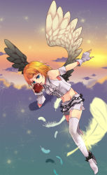 Rule 34 | 1girl, apple, bad id, bad pixiv id, blonde hair, blue eyes, boots, braid, braided bangs, feathers, fingerless gloves, food, fruit, gloves, high heels, himitsu ~kuro no chikai~ (vocaloid), holding, holding food, holding fruit, kagamine rin, midriff, puny (remora0909), shoes, solo, thigh boots, thighhighs, vocaloid, wings