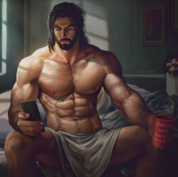 Rule 34 | 1boy, abs, absurdres, aenaluck, arm hair, artist name, bara, beard, bed, black hair, chest hair, cup, facial hair, highres, holding, holding cup, holding phone, indoors, large pectorals, male focus, medium hair, muscular, muscular male, navel, nipples, on bed, original, pectorals, phone, sitting, solo, towel, towel around waist