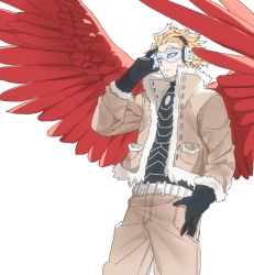 Rule 34 | 1boy, beard, blonde hair, boku no hero academia, coat, cowboy shot, deavor lover, facial hair, feathered wings, feathers, gloves, hawks (boku no hero academia), male focus, red wings, solo, upper body, white background, wings, yellow eyes