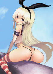 Rule 34 | 1girl, ass, black hairband, black panties, blonde hair, blue background, blue eyes, cleft of venus, elbow gloves, gloves, hairband, highres, johan (johan13), kantai collection, long hair, panties, partially visible vulva, shimakaze (kancolle), sitting, solo, straddling, striped clothes, striped thighhighs, thighhighs, thong, underwear, white gloves