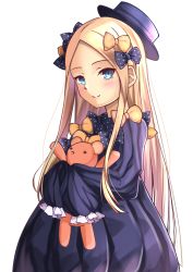 Rule 34 | 1girl, abigail williams (fate), absurdres, black bow, black dress, black hat, blonde hair, blue eyes, blush, bow, closed mouth, commentary request, dress, fate/grand order, fate (series), forehead, hair bow, hat, head tilt, highres, hugging object, long hair, long sleeves, looking at viewer, mishiro (ixtlolton), orange bow, parted bangs, polka dot, polka dot bow, simple background, sleeves past fingers, sleeves past wrists, smile, solo, stuffed animal, stuffed toy, teddy bear, upper body, very long hair, white background