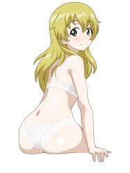 Rule 34 | 1girl, absurdres, ass, blonde hair, blush, bra, breasts, carpaccio (girls und panzer), closed mouth, girls und panzer, gogopaint, green eyes, highres, long hair, looking at viewer, looking back, medium breasts, panties, simple background, sitting, smile, solo, underwear, underwear only, white background, white bra, white panties