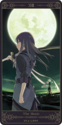 Rule 34 | 00s, 1boy, black eyes, black hair, city, coat, full moon, long hair, looking back, male focus, md5 mismatch, moon, motoko (ambiy), over shoulder, resolution mismatch, rounded corners, smile, solo, source larger, sword, sword over shoulder, tales of (series), tales of vesperia, tarot, tarot (medium), the moon (tarot), weapon, weapon over shoulder, yuri lowell