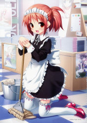 Rule 34 | 1girl, apron, book, broom, bucket, checkered floor, dress, female focus, frills, full body, hairband, high heels, highres, hiide, indoors, kneeling, long hair, maid, maid apron, maid headdress, mop, ponytail, red eyes, red hair, ribbon, scan, shoes, skirt, smile, solo, thighhighs, white thighhighs