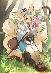 Rule 34 | 1girl, absurdres, animal, animal ears, animal on head, arknights, bad id, bad pixiv id, basket, black cat, blue hairband, blue skirt, blush, bow, brown footwear, cat, food, forest, fox ears, fox girl, fox tail, frilled hairband, frills, fruit, grass, green eyes, hairband, highres, holding, holding staff, in basket, kitsune, leaf, long sleeves, looking at viewer, luo xiaohei zhanji, multiple tails, nature, neck ribbon, on head, open mouth, orange (fruit), pantyhose, pink bow, red ribbon, ribbon, shirt, sitting, skirt, solo, staff, suzuran (arknights), suzuran (spring praise) (arknights), tail, tree, tree stump, white pantyhose, white shirt, yurooe
