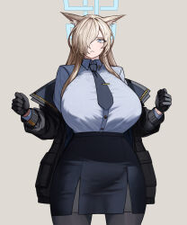 Rule 34 | 1girl, animal ear fluff, animal ears, black gloves, black pantyhose, blonde hair, blue archive, blue eyes, blue necktie, blue shirt, breasts, collared shirt, cowboy shot, dog ears, fkskii65, gloves, hair over one eye, halo, hands up, highres, huge breasts, jacket, kanna (blue archive), long hair, long sleeves, necktie, off shoulder, open clothes, open jacket, pantyhose, parted bangs, pencil skirt, shirt, shirt tucked in, skirt, solo, sweatdrop, taut clothes, taut shirt, taut skirt, thighs, tie clip